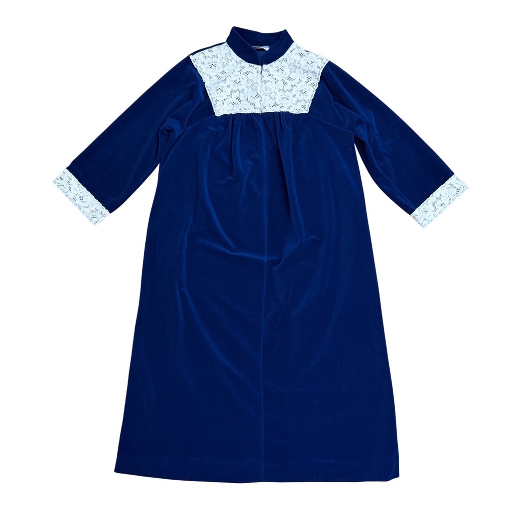 Vintage Vanity Fair Navy Blue Velour Lace Trim Robe Housecoat L prairie cottage